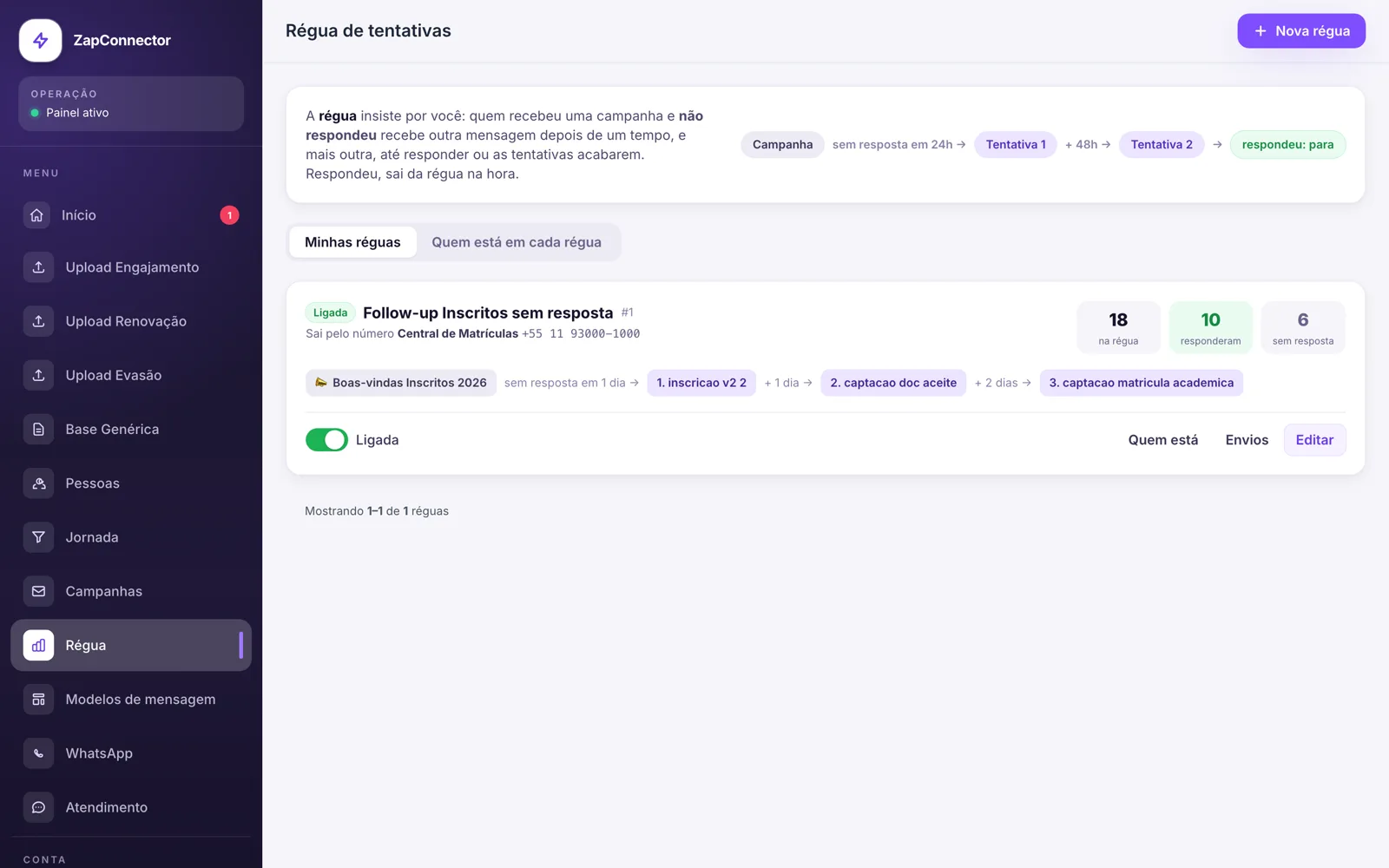 Régua de follow-up no WhatsApp: tela do produto com dados de demonstração