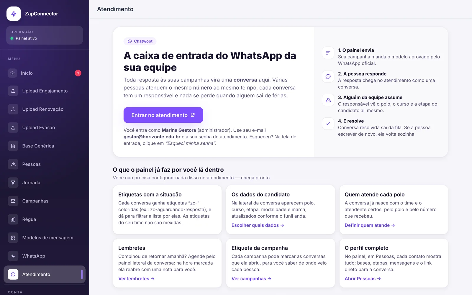 Atendimento compartilhado no WhatsApp: tela do produto com dados de demonstração